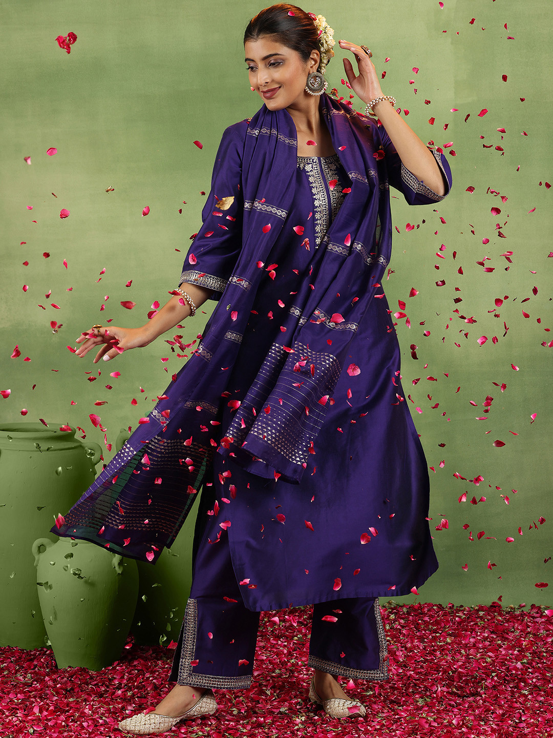 

Libas Ethnic Motifs Yoke Design Sequinned Straight Kurta With Trousers & Dupatta, Purple