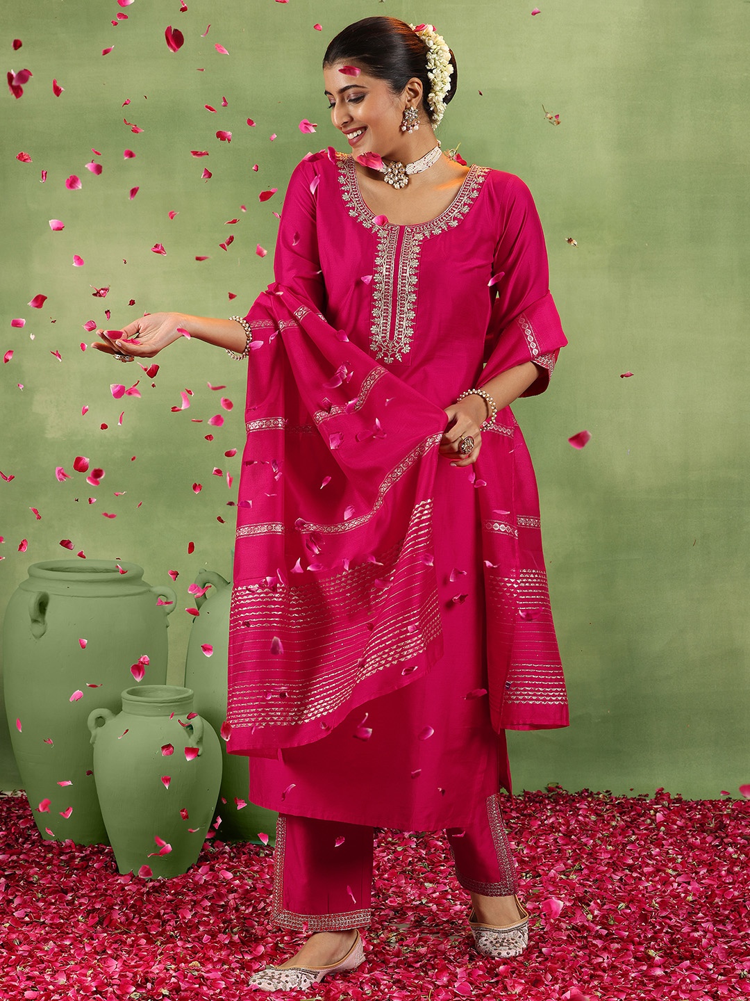 

Libas Floral Embroidered Sequinned Straight Kurta With Trousers & Dupatta, Coral
