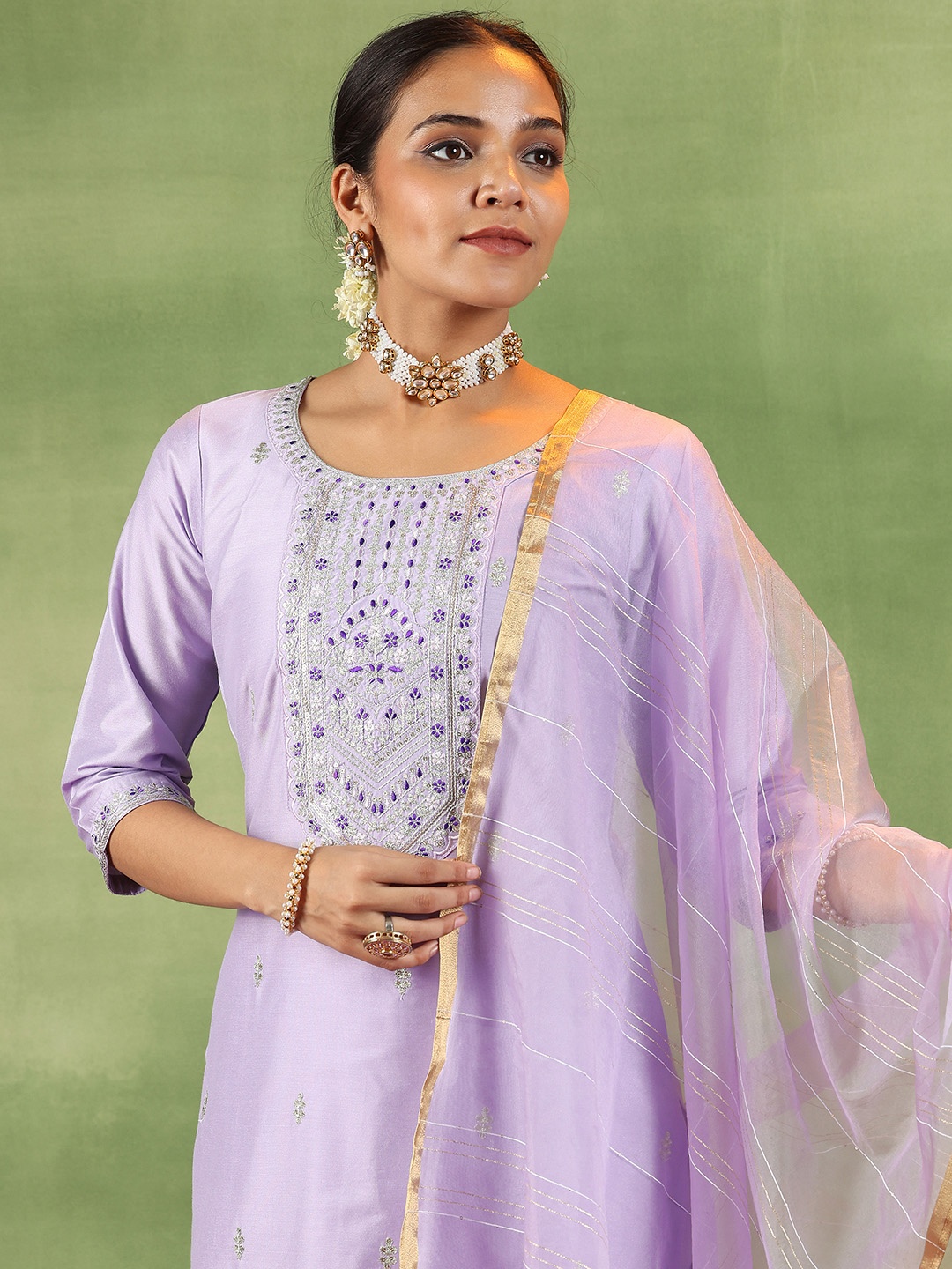 

Libas Ethnic Motifs Embroidered Sequinned Straight Kurta With Trousers & Dupatta, Lavender