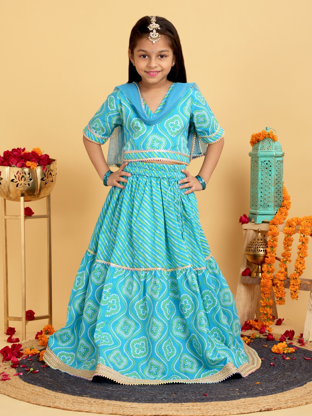 

YK X Trampoline Girls Printed Ready to Wear Lehenga & Blouse With Dupatta, Blue