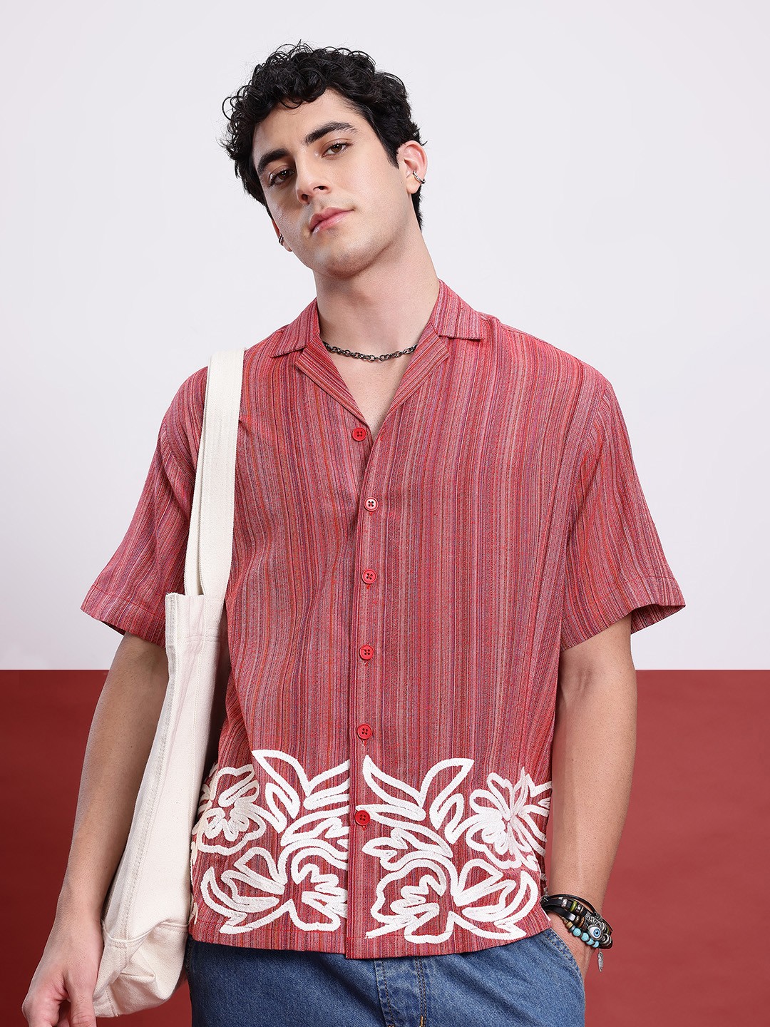 

Kook N Keech Fiery Stripes Embroidered Multi-Stripes Drop-Shoulder Sleeve Shirt, Red
