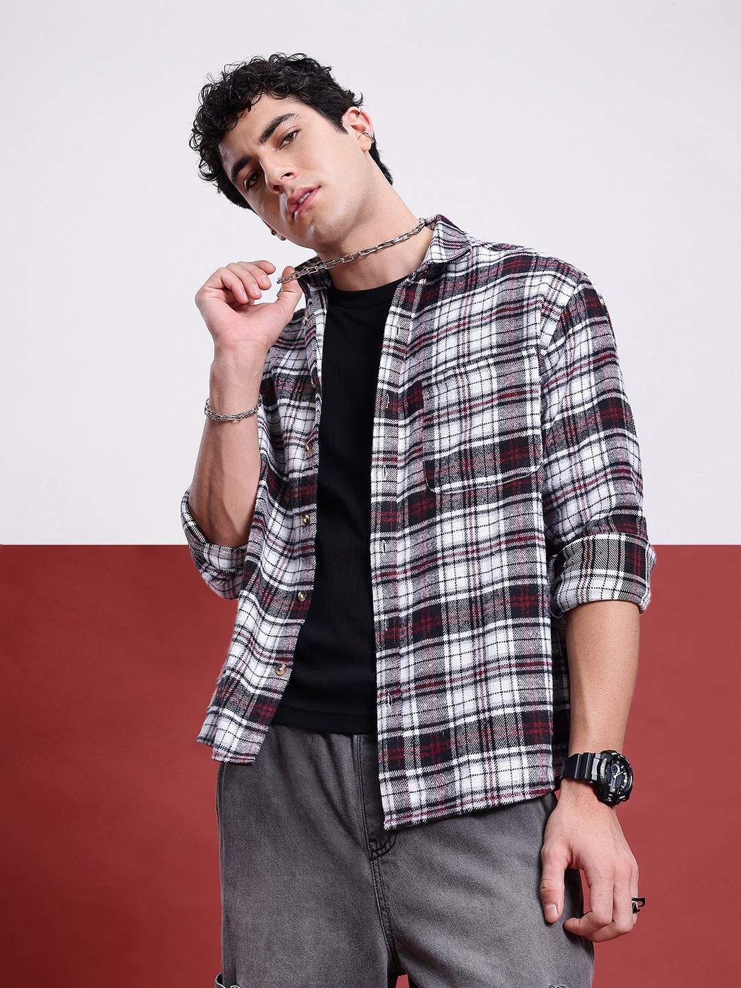 

Kook N Keech Plaid Mode Flannel Relaxed Shirt, Black