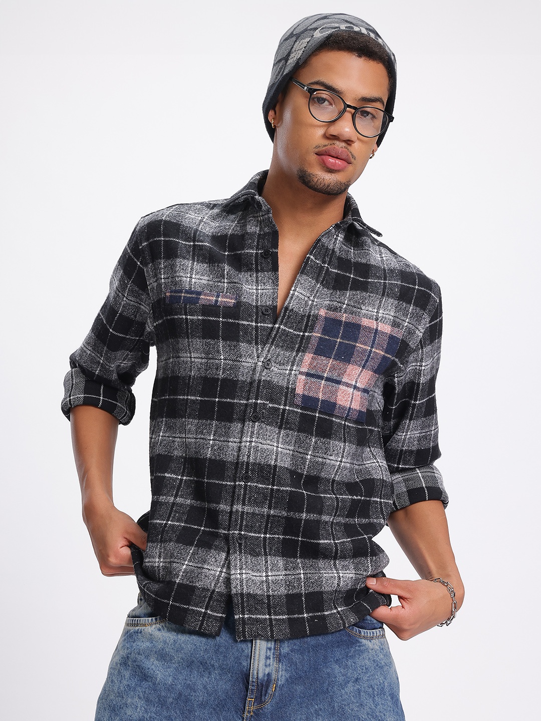 

Kook N Keech Edgy Contrast Flannel Checked Shacket, Black