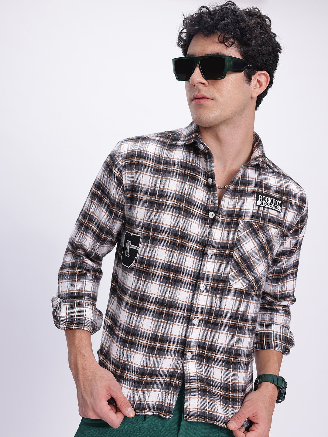

glitchez Rustic Charm Flannel Checked Shirt, Cream