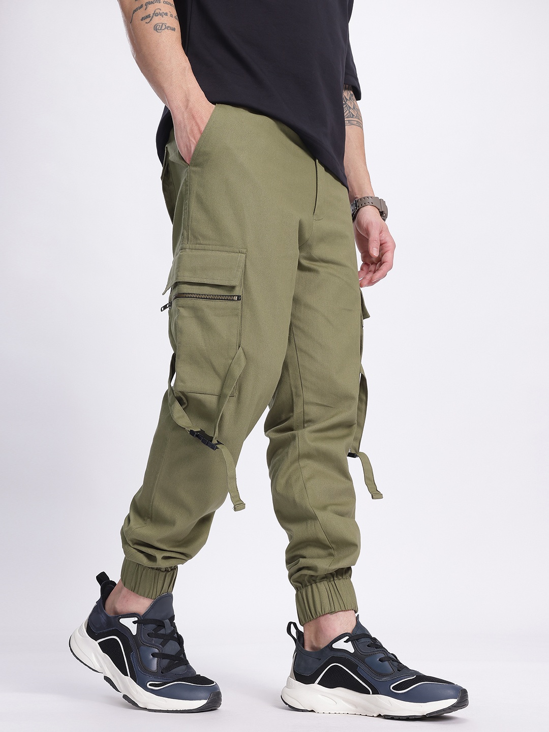 

glitchez Men Fetish in Pockets Pure Cotton Cargo Style Joggers with Dangling Straps, Olive