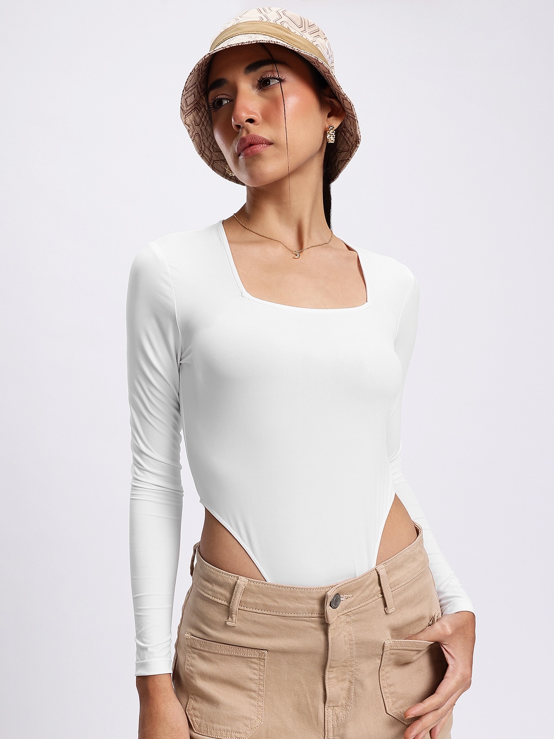 

glitchez Minimalist Mood Square Neck High Cut Bodysuit, White