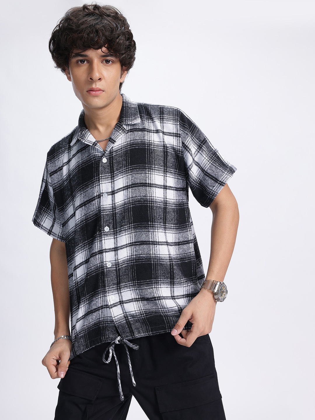 

glitchez Flannel Fusion Plaid Checked Tie-Up Shirt, Black