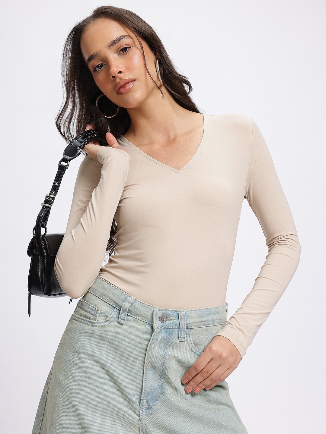 

glitchez Love Em Curves V-Neck Bodysuit, Beige
