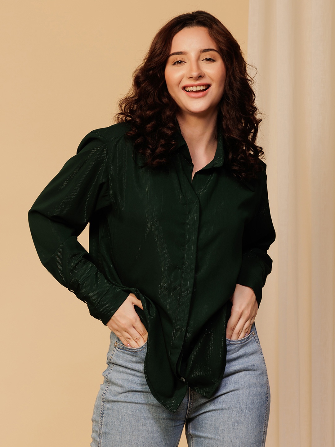 

Urban Sundari Women Solid Spread Collar Classic Cotton Casual Shirt, Green
