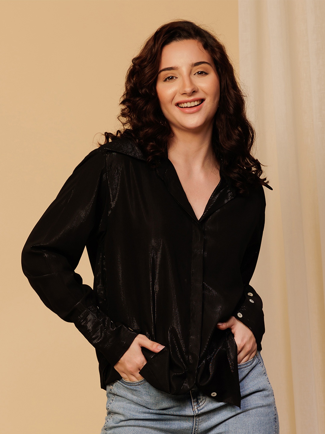 

Urban Sundari Women Solid Spread Collar Classic Cotton Casual Shirt, Black