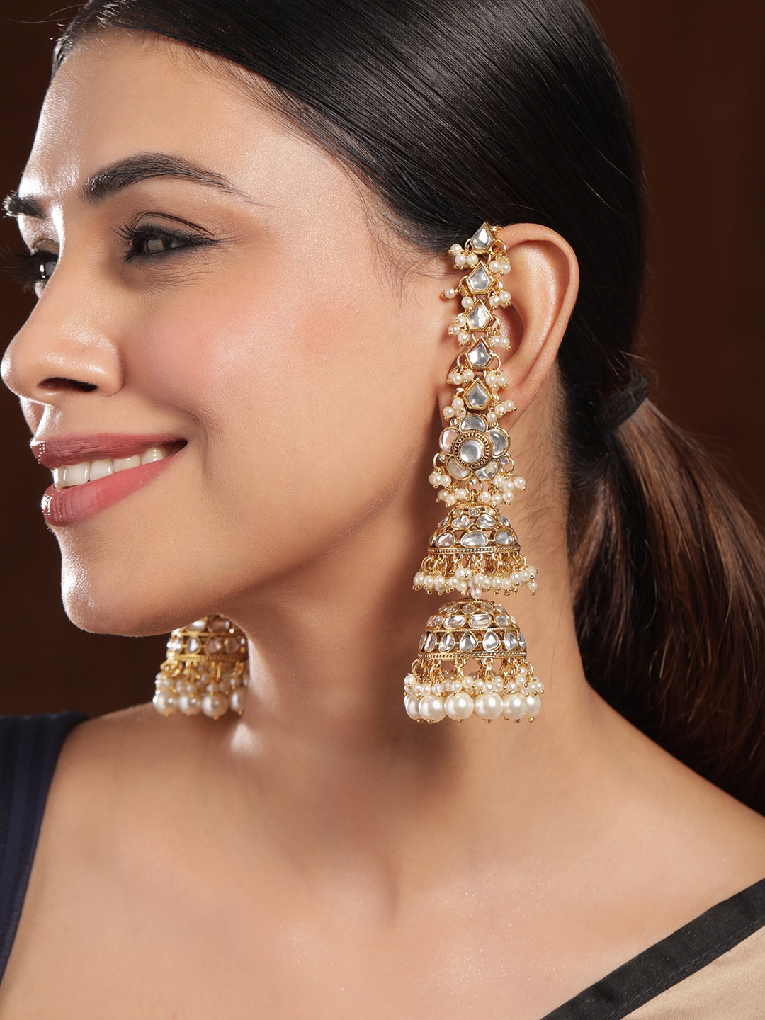

Rubans 22K Gold-Plated Kundan Studded Long Full-Ear Covering Triple-Layer Jhumka Earrings