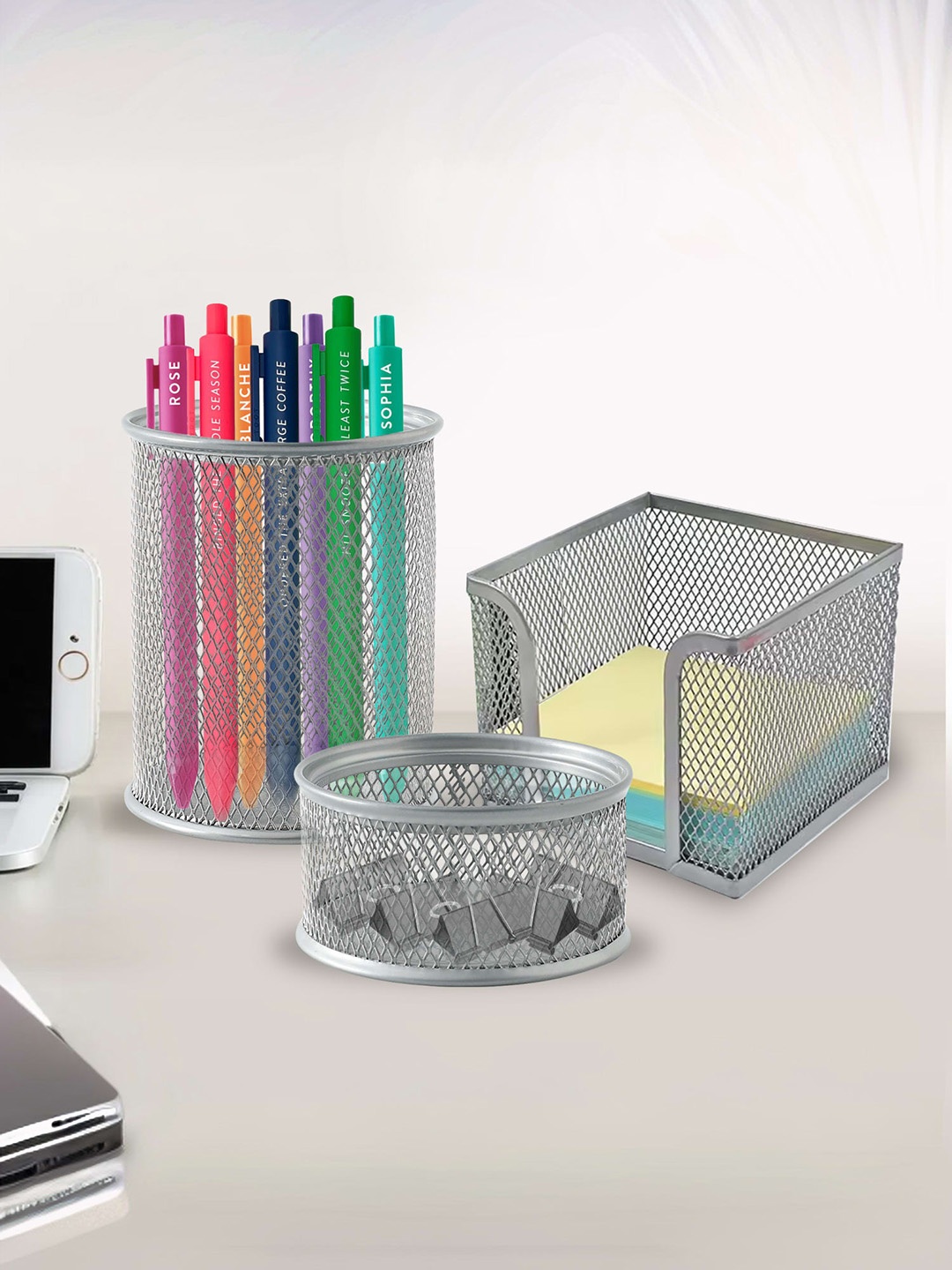 

UMAI Silver Toned 3 Pieces Regular Metal Desk Organisers