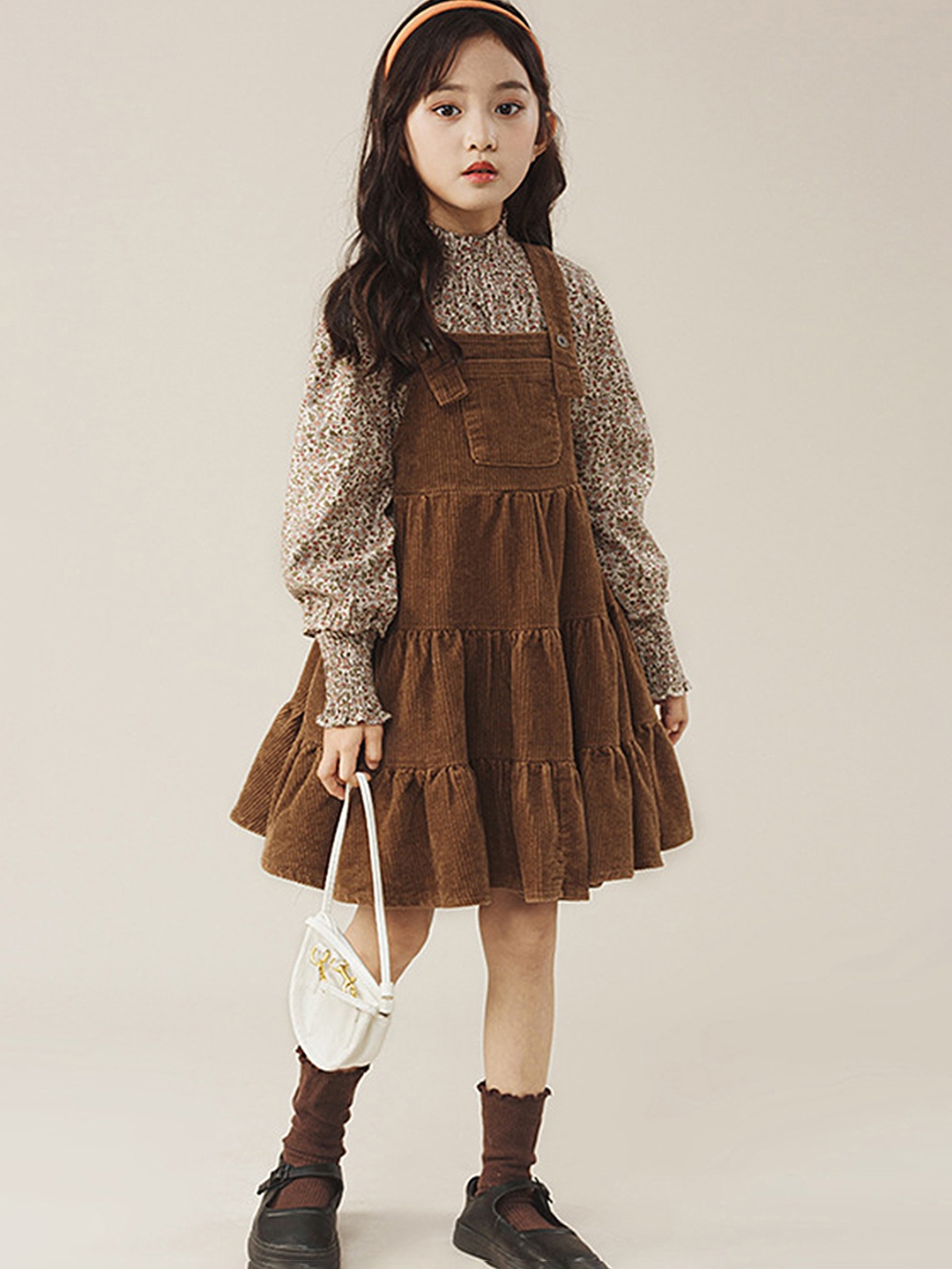 

LULU & SKY Girls Abstract Printed Puff Sleeves Smocked Top, Brown