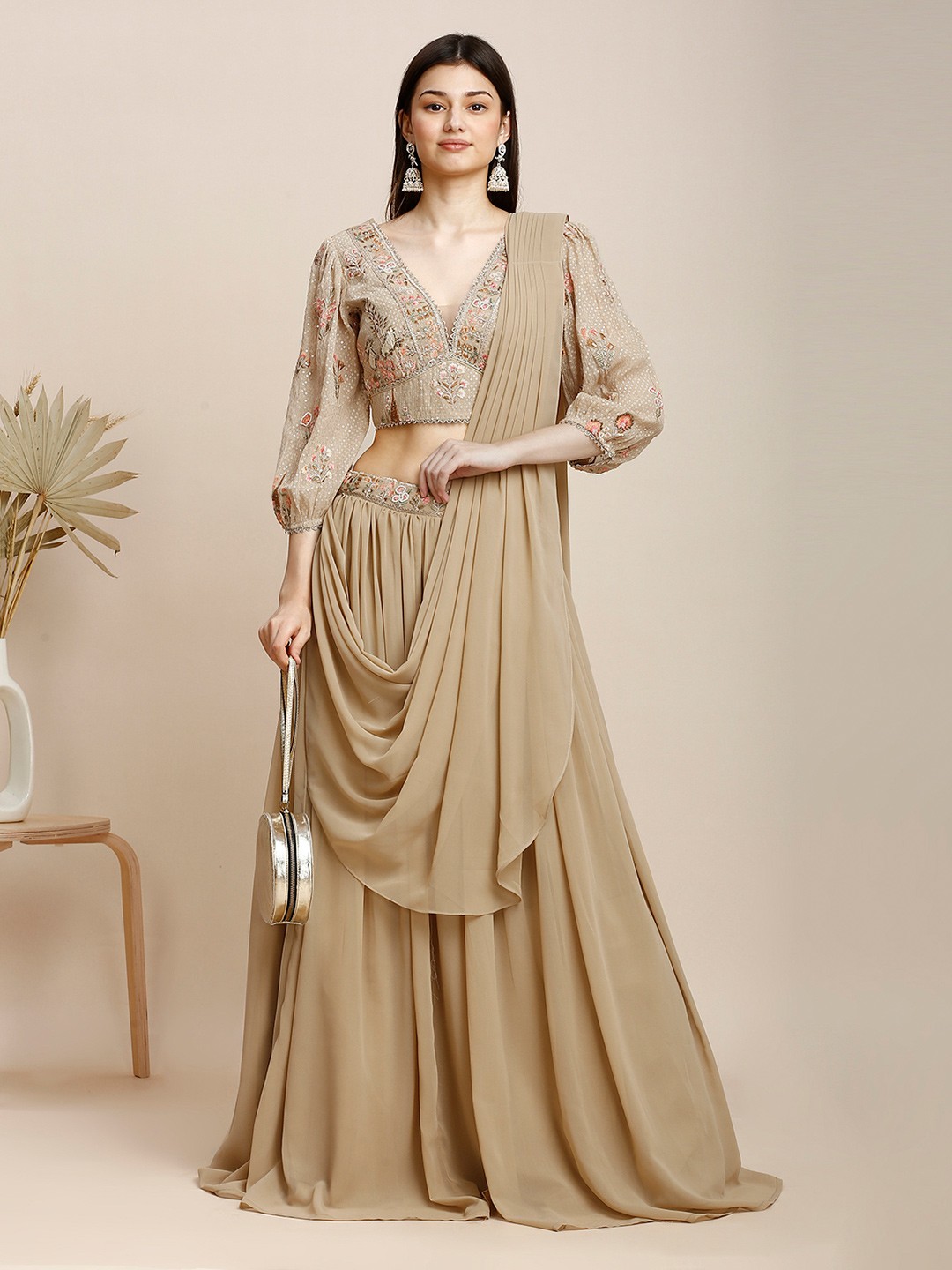 

MADHURAM Embroidered Sequinned Ready to Wear Lehenga & Blouse With Dupatta, Beige