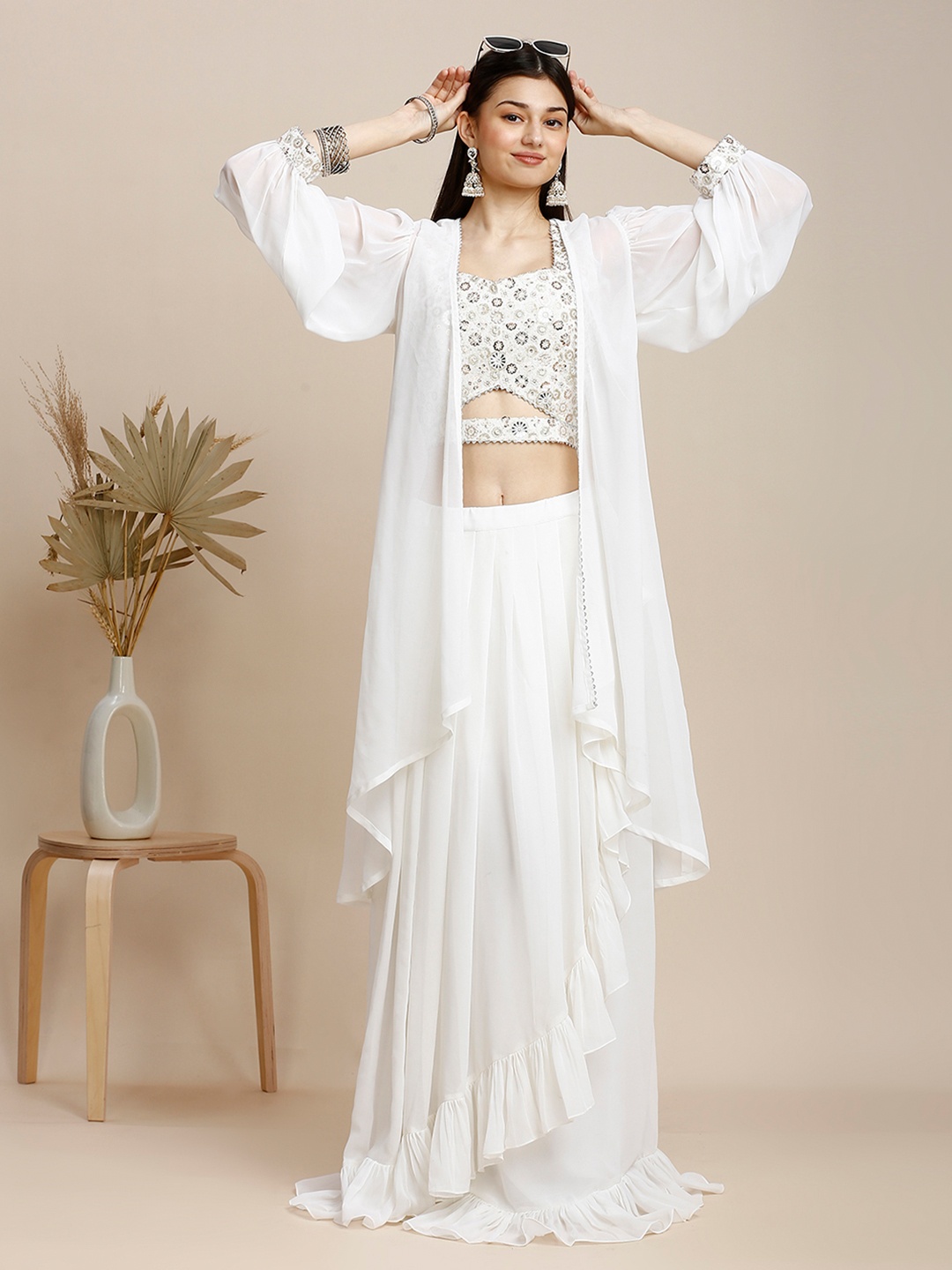 

MADHURAM Embroidered Sequinned Ready to Wear Lehenga & Choli & Shrug, White