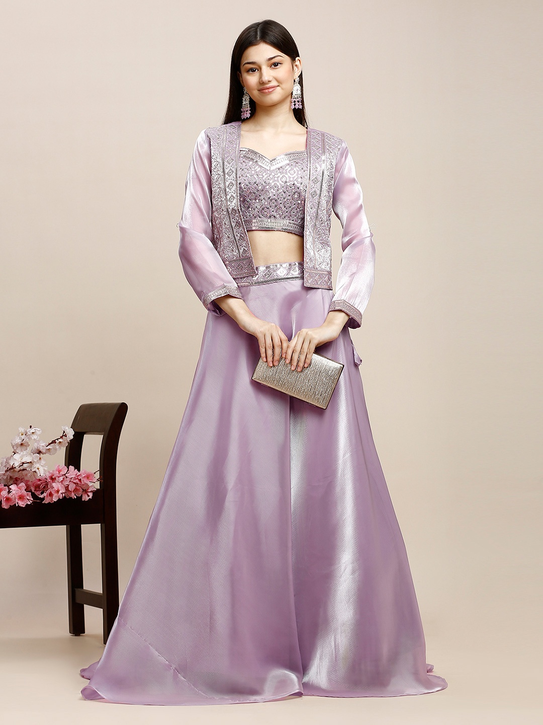 

MADHURAM Embroidered Ready to Wear Lehenga & Blouse And Jacket, Lavender