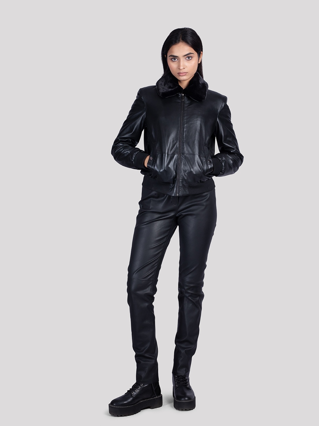 

HUE & HIDE Women Spread Collar Solid Leather Casual Biker Jacket, Black