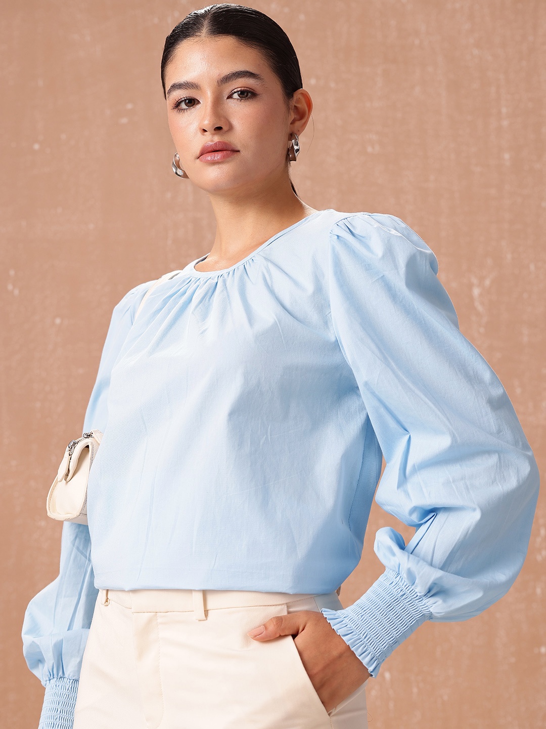 

all about you Pure Cotton Puff Sleeves Gathered Top, Blue
