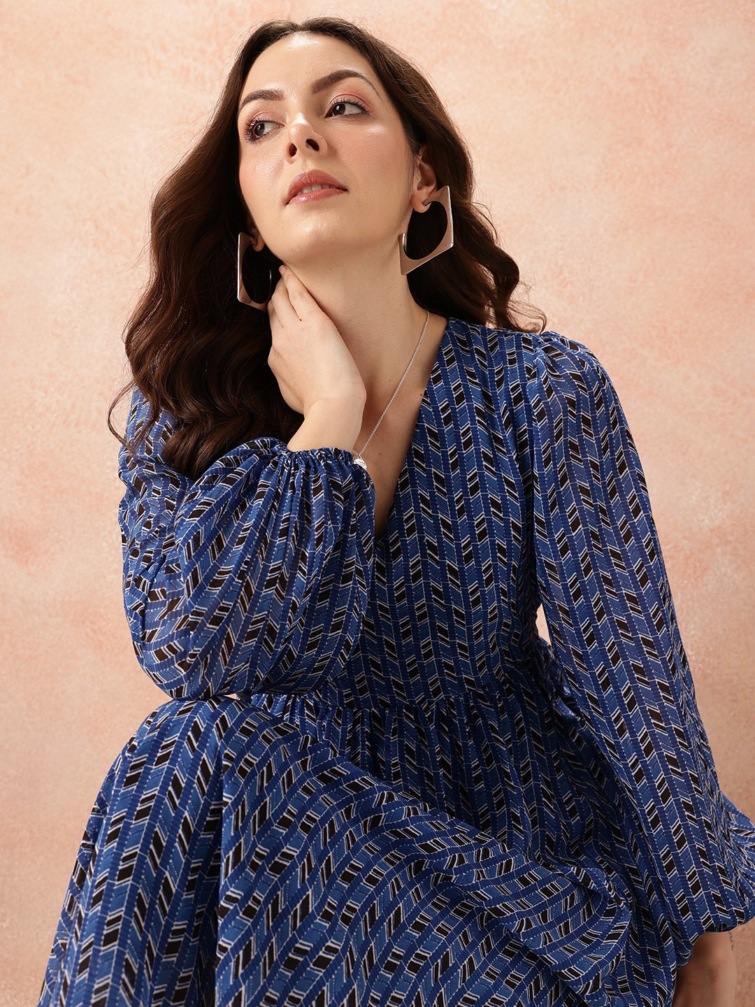 

all about you Geometric Print Puff Sleeve Fit & Flare Midi Dress, Blue