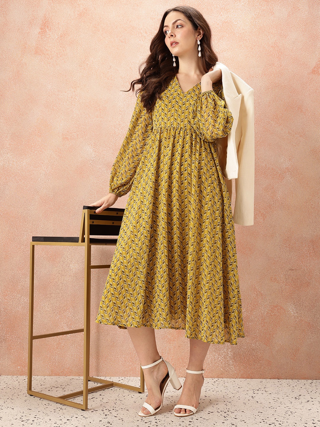 

all about you Geometric Print Puff Sleeve Fit & Flare Midi Dress, Mustard