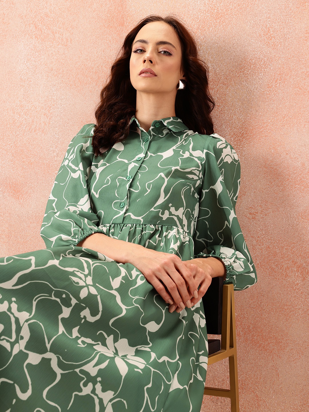 

all about you Floral Print Puff Sleeve Shirt Style Formal Dress, Green