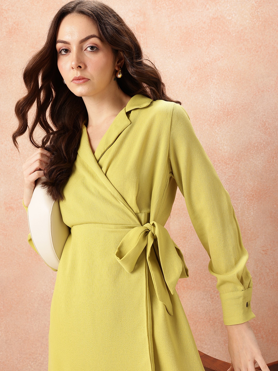 

all about you Shirt Collar Cuffed Sleeves Wrap Dress, Green