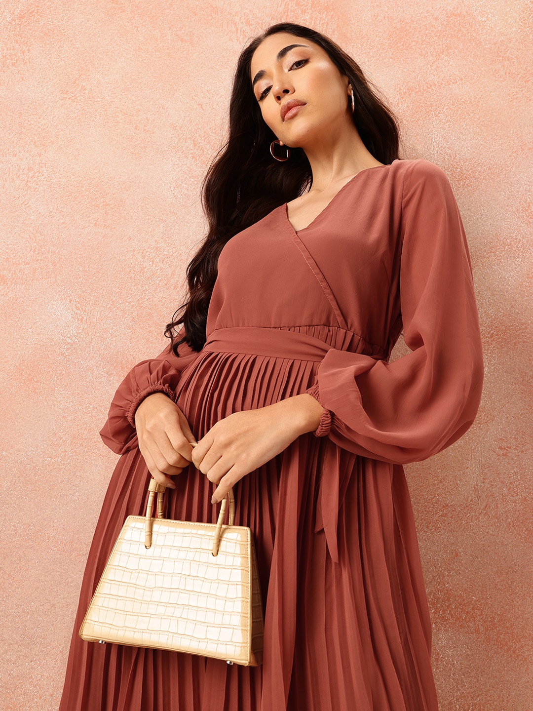 

all about you Box Pleats Wrap Dress with Belt, Rust