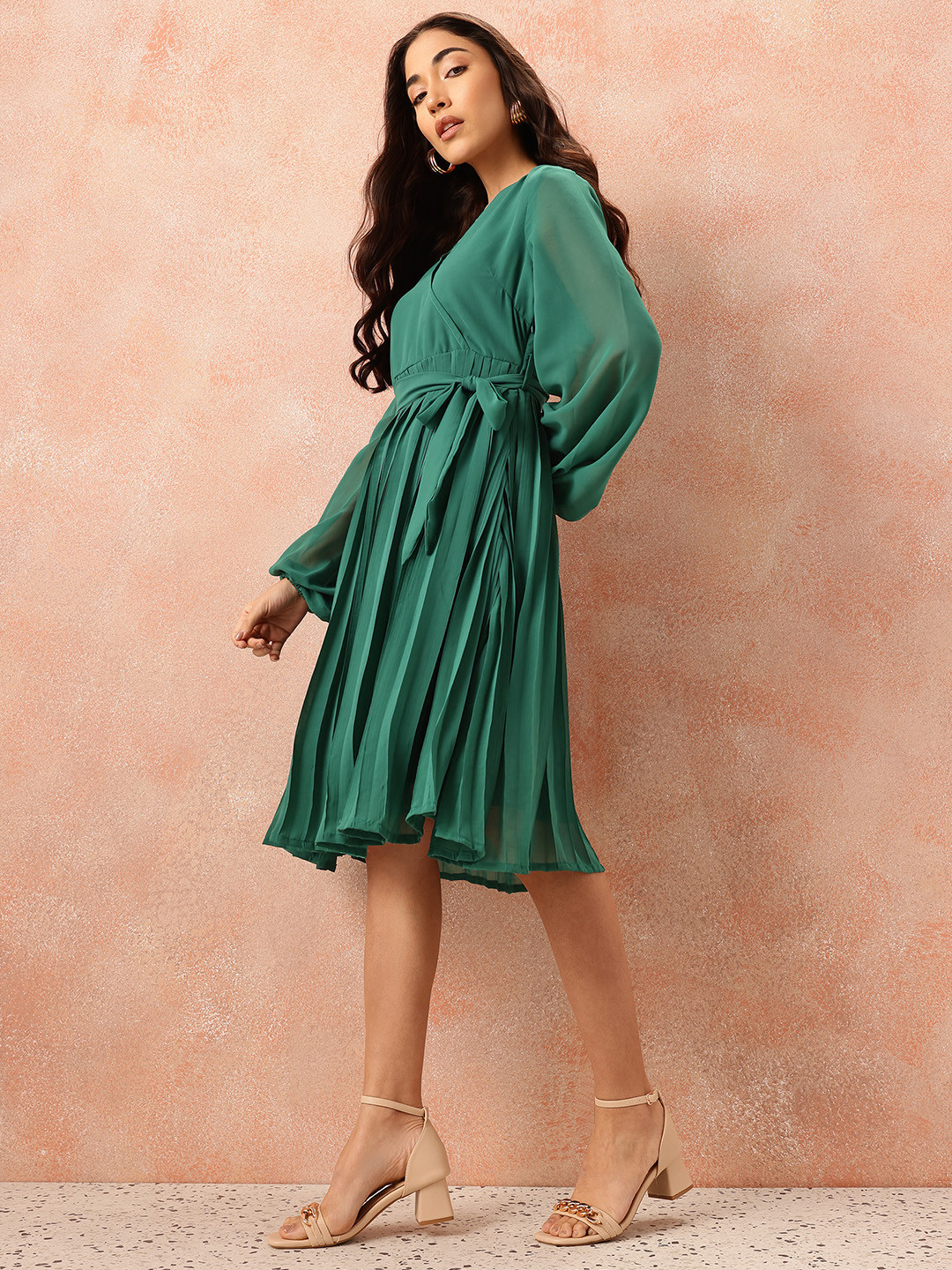 

all about you Box Pleats Wrap Dress with Belt, Green