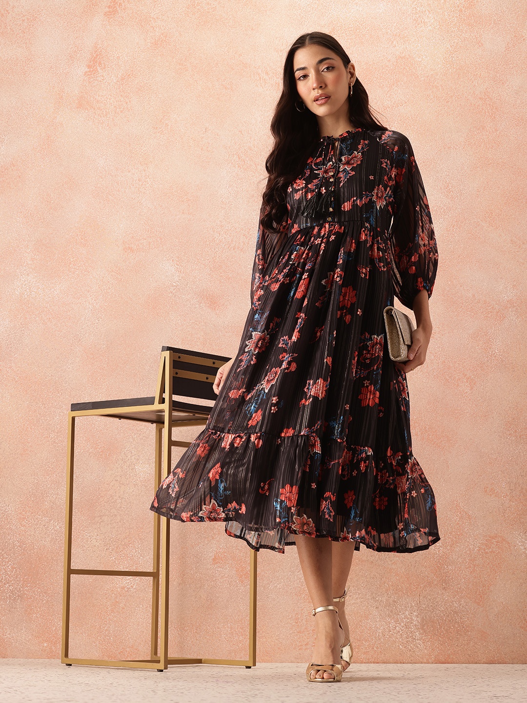 

all about you Floral Print Tie-Up Neck Pleated Fit & Flare Midi Dress, Black