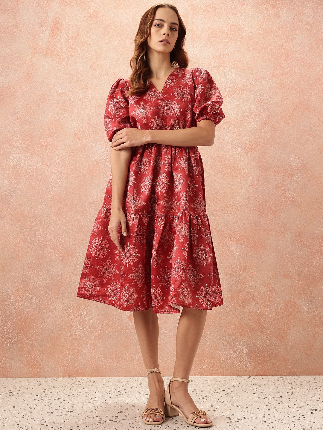 

all about you Ethnic Motifs Print Puff Sleeves Wrap-Style Dress, Rust