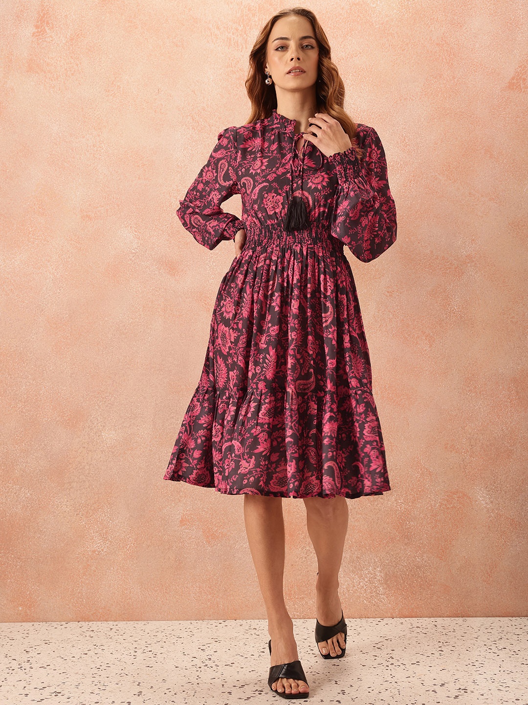 

all about you Ethnic Motifs Print Tie-Up Neck Puff Sleeve Fit & Flare Dress, Black
