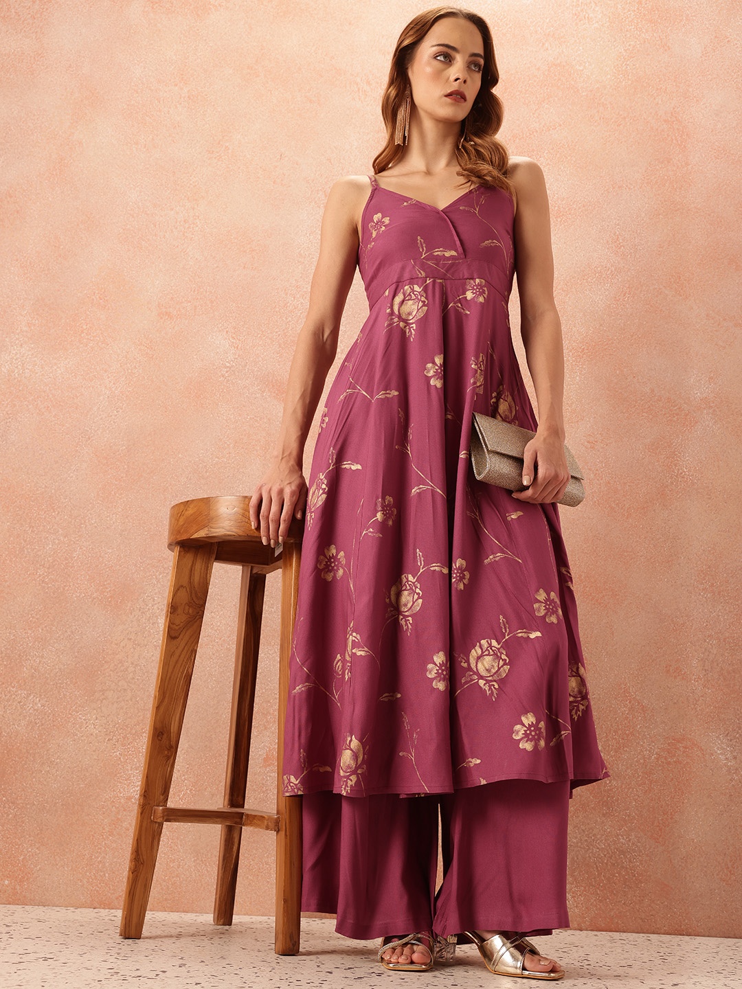 

all about you Floral Printed Kurta & Plazzos, Mauve