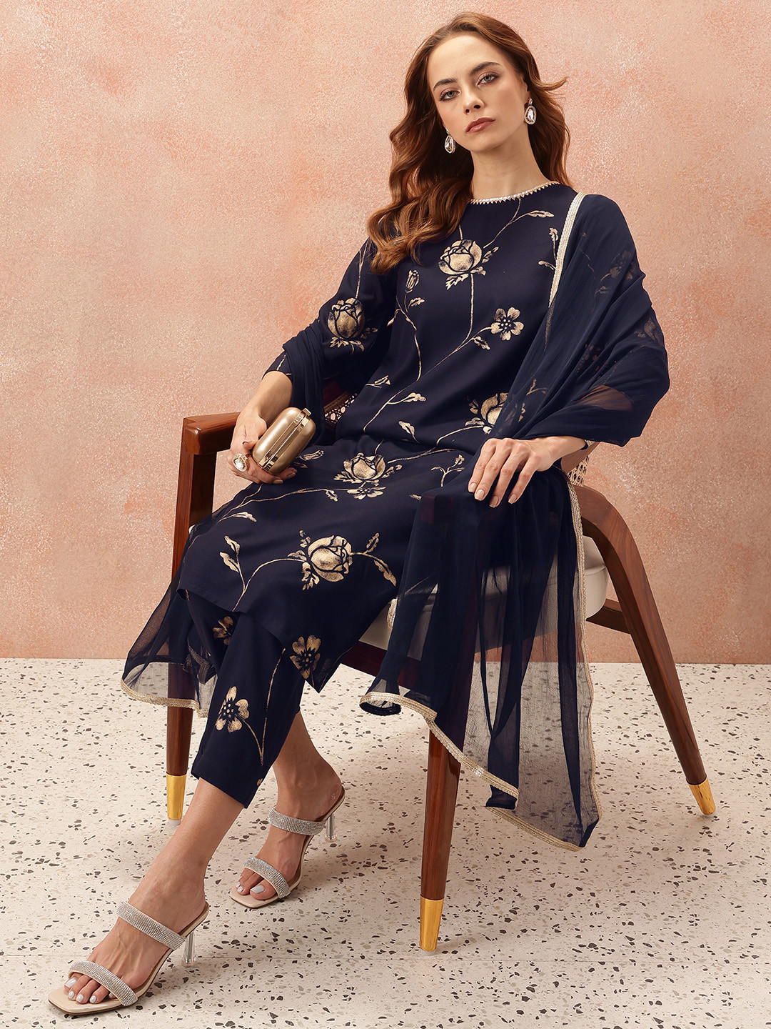 

all about you Women Floral Printed Regular Gotta Patti Kurta with Trousers & With Dupatta, Navy blue