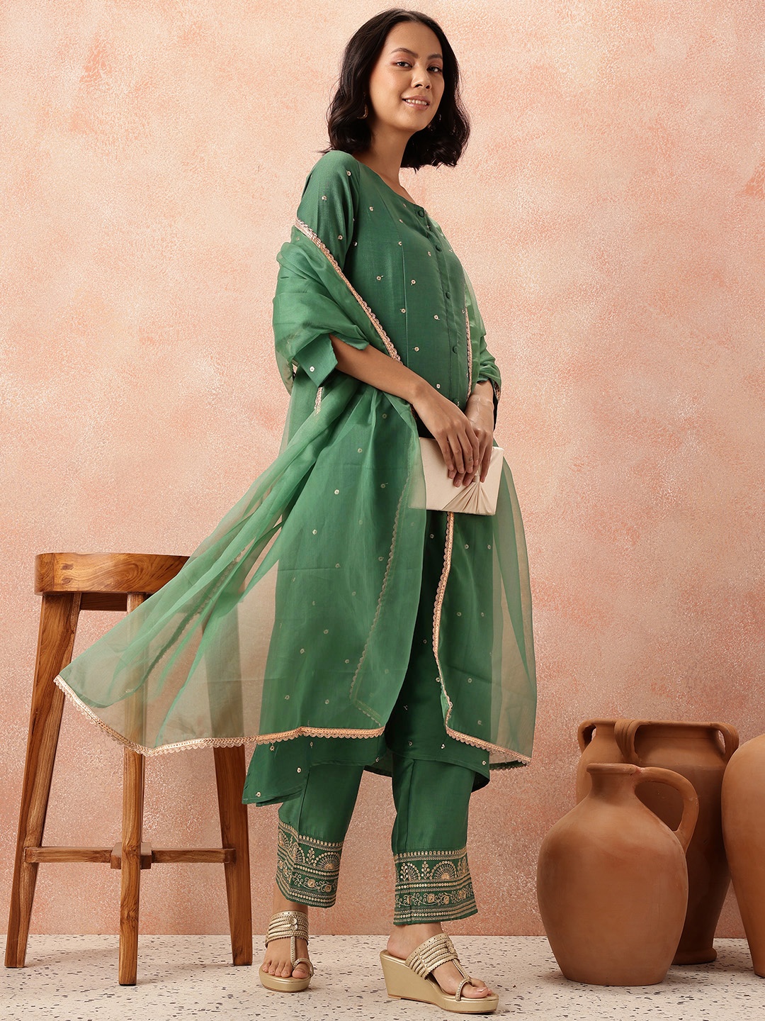 

all about you Sequined Panelled Kurta with Trousers & Dupatta, Green