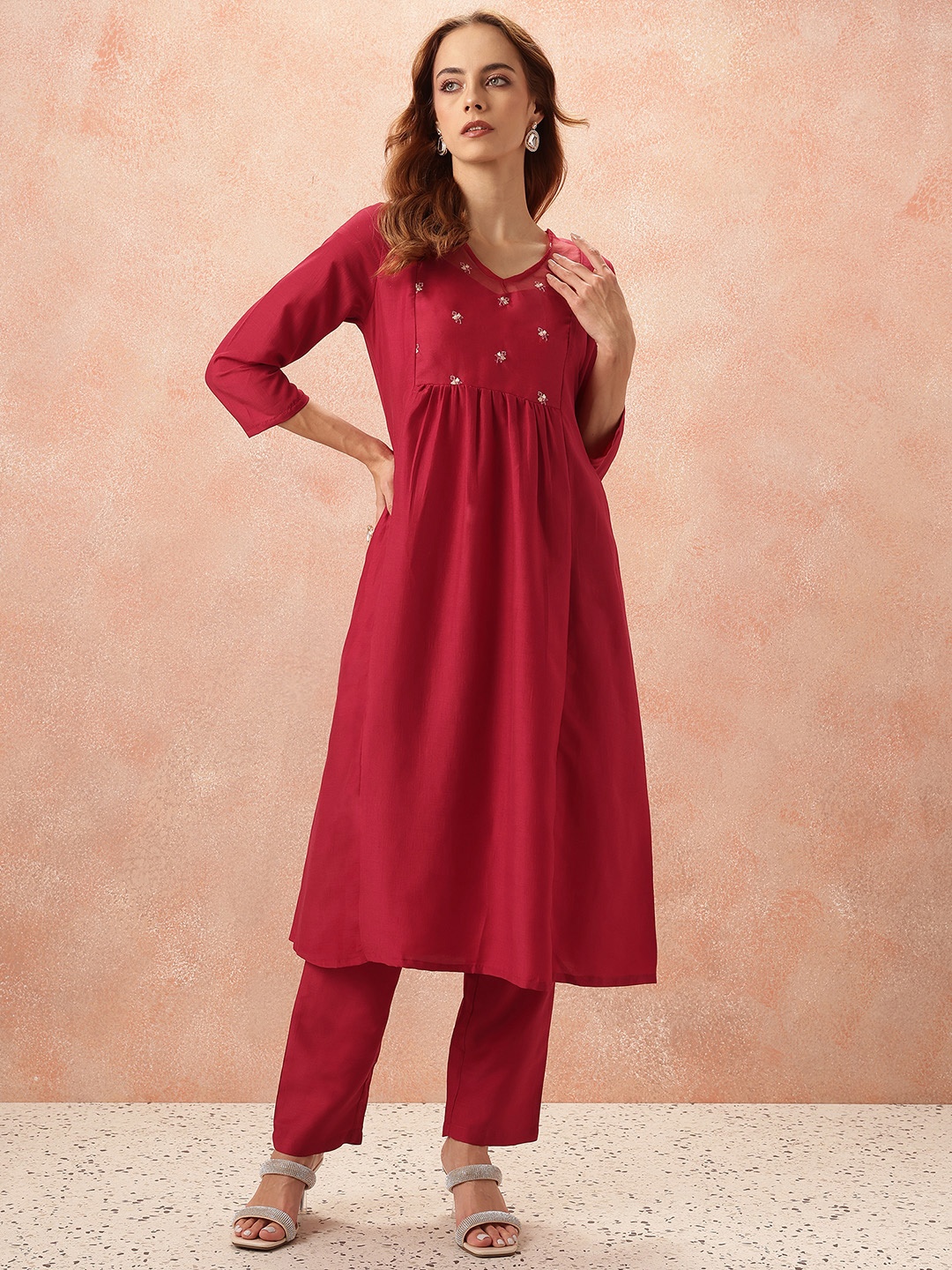 

all about you Floral Yoke Design Embroidered Empire Kurta with Trousers, Red