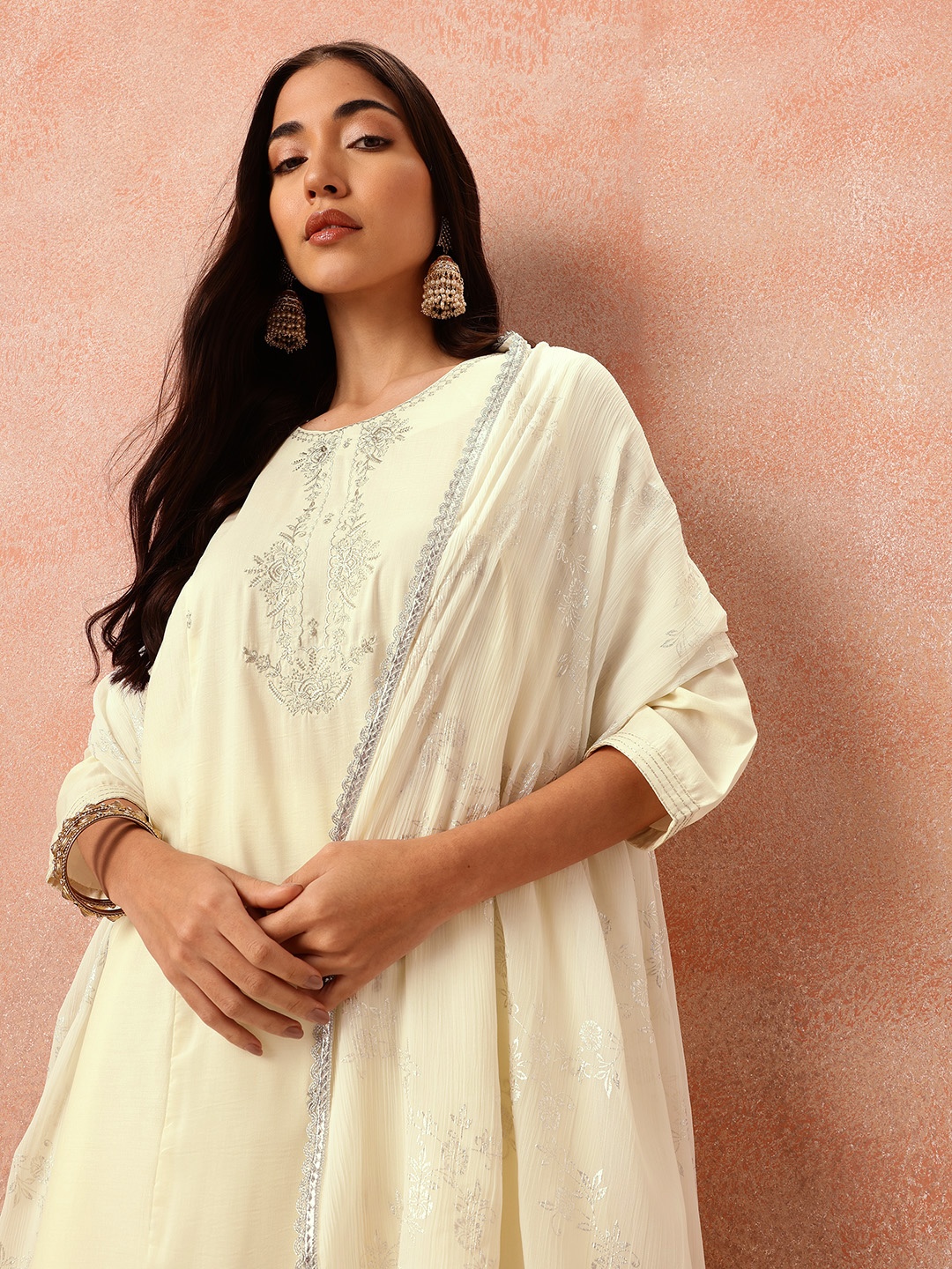 

all about you Floral Embroidered Empire Style A-Line Kurta with Trousers & Dupatta, Cream