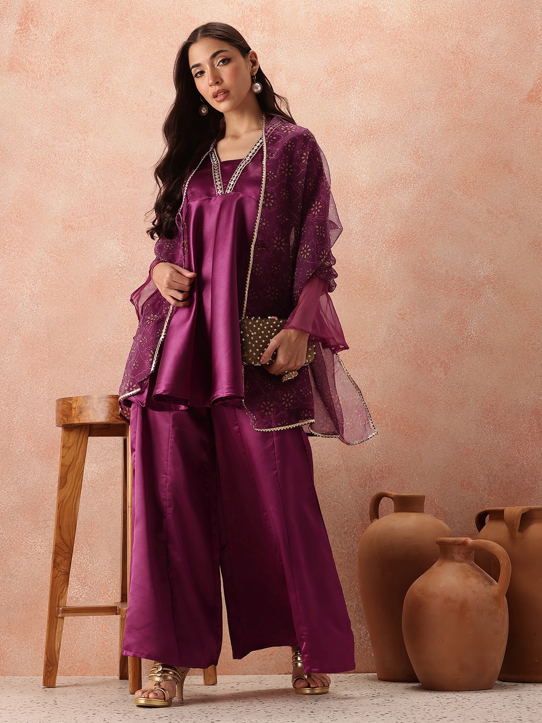 

all about you Satin Finish Empire Kurta Sets With Dupatta, Purple