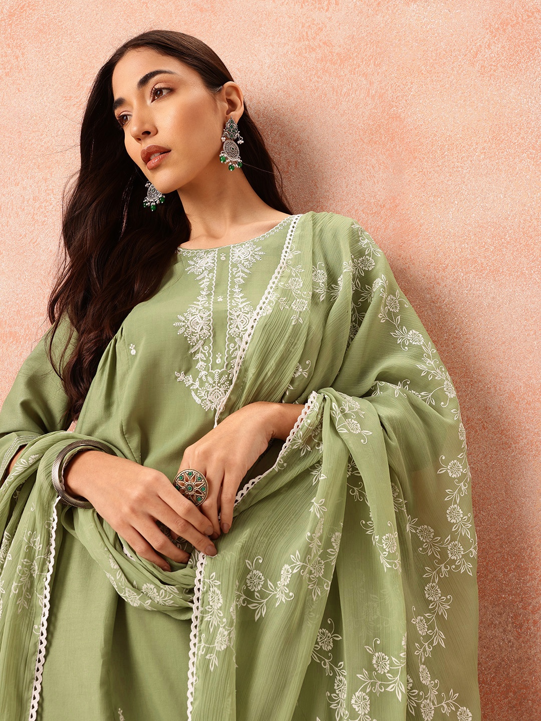 

all about you Embroidered Kurta & Trousers With Dupatta, Green