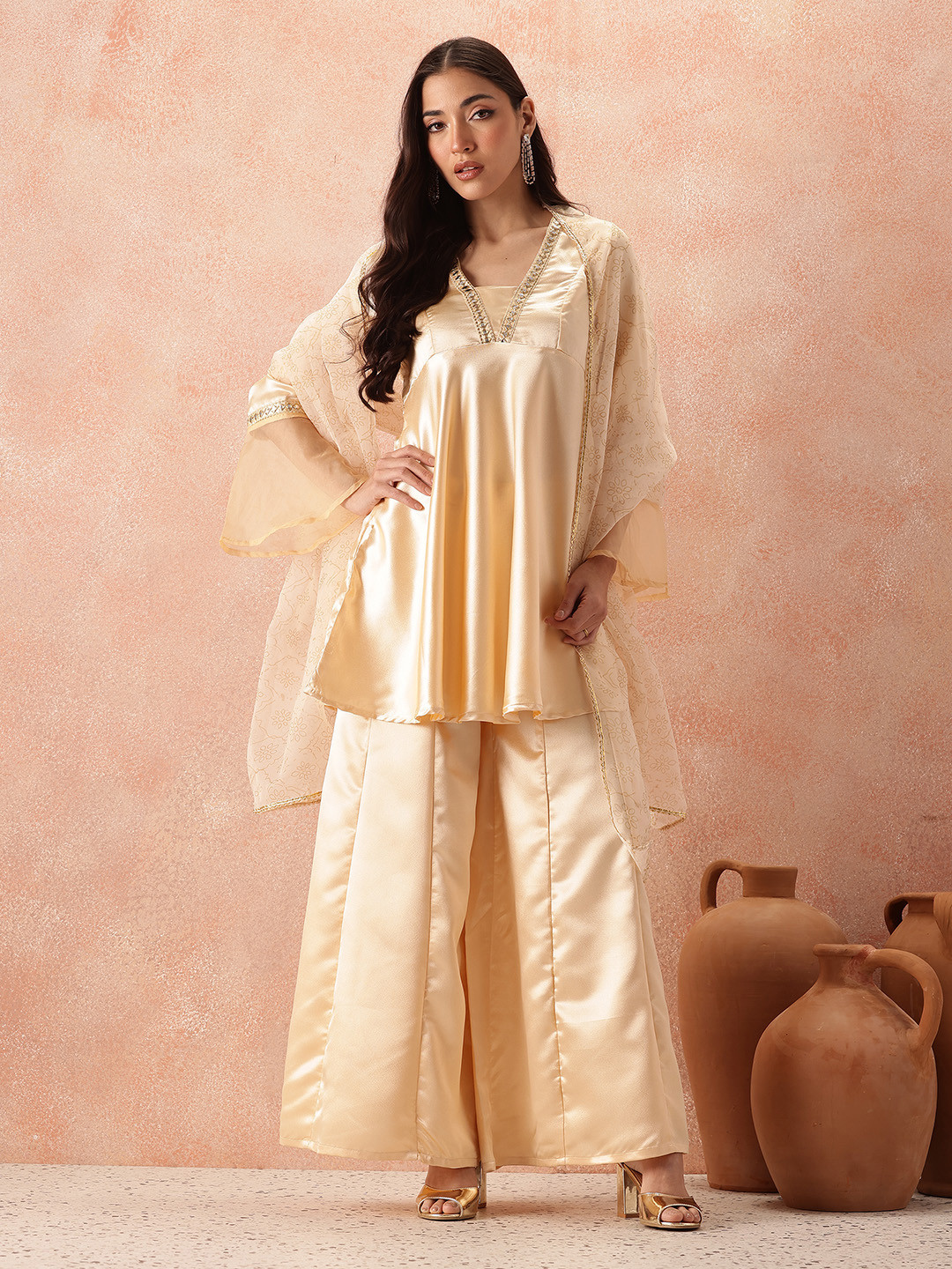 

all about you Satin Finish Empire Kurta Sets With Dupatta, Beige