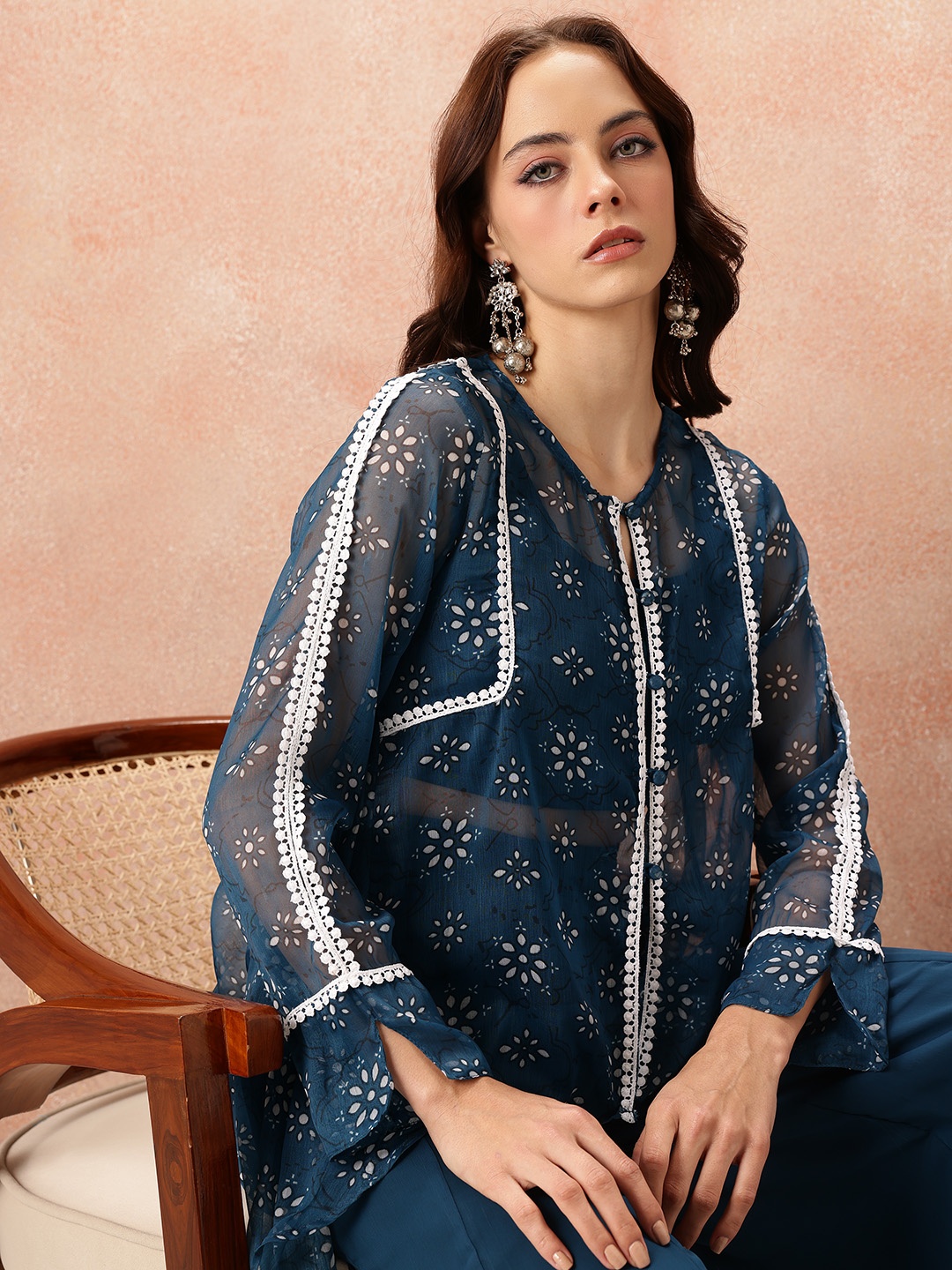 

all about you Printed Lace Detail Ethnic Co-Ords with Shrug, Navy blue