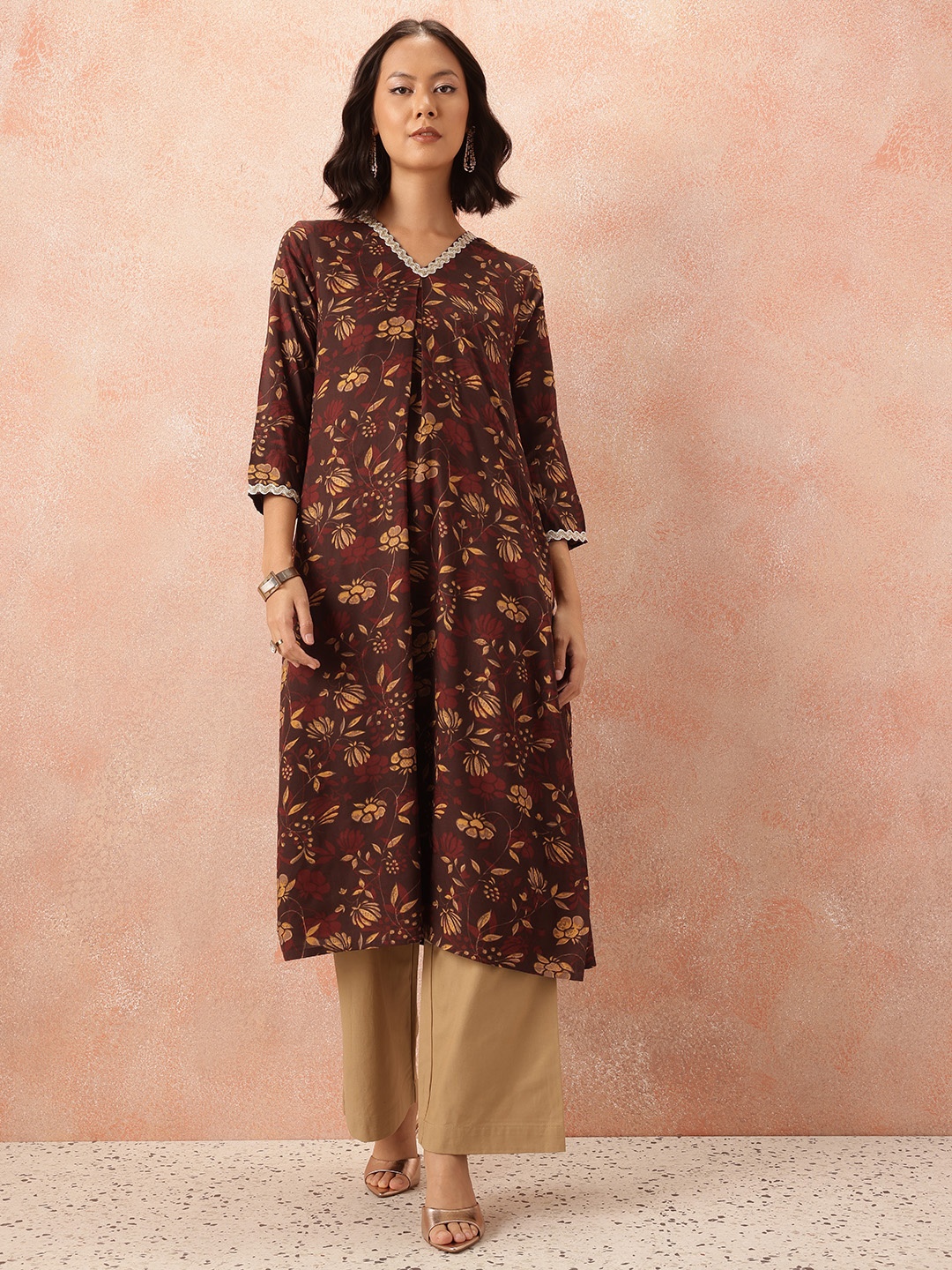 

all about you Floral Print Pleated Straight Kurta, Maroon