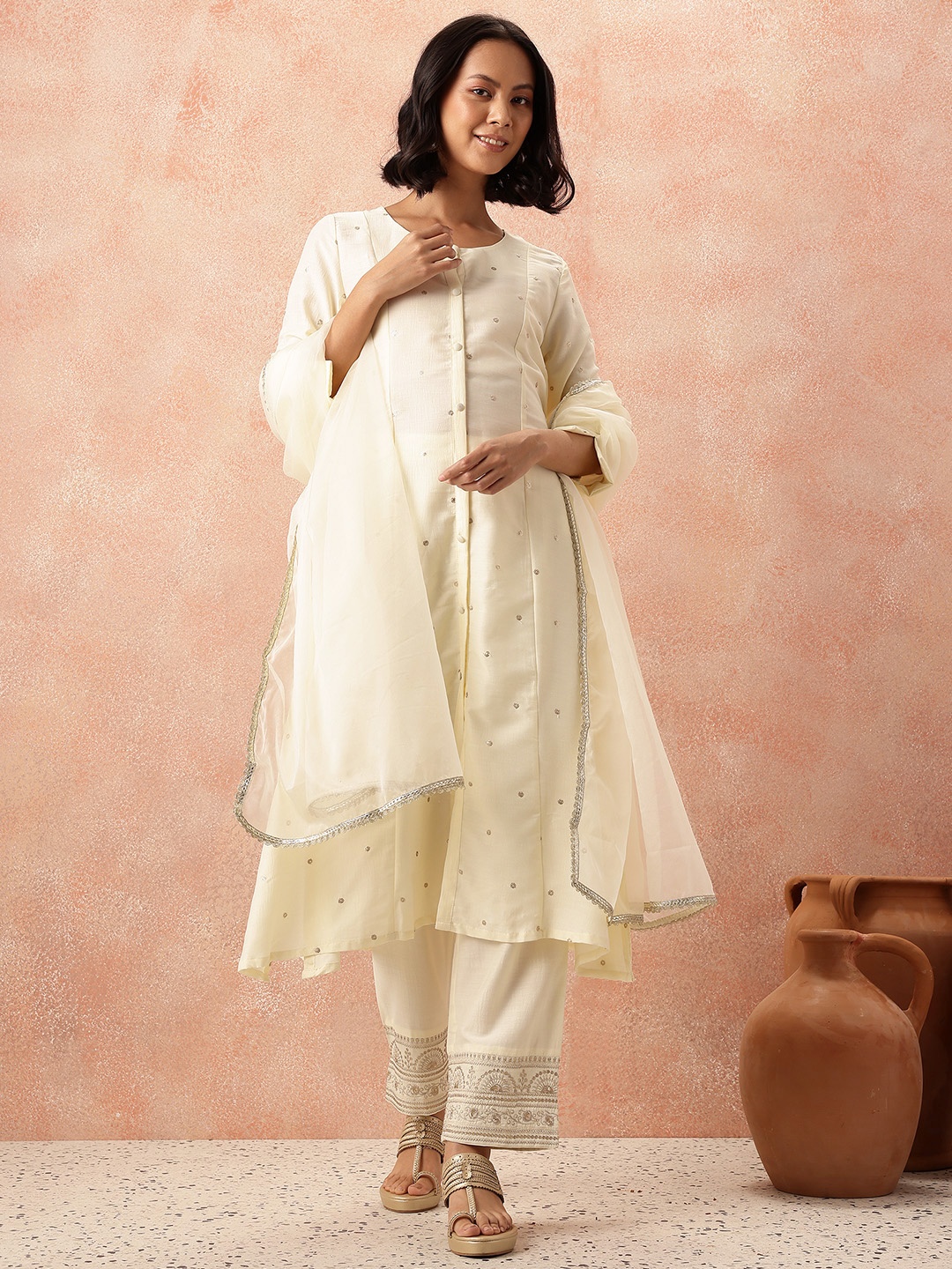 

all about you Sequined Panelled Kurta with Trousers & Dupatta, Cream