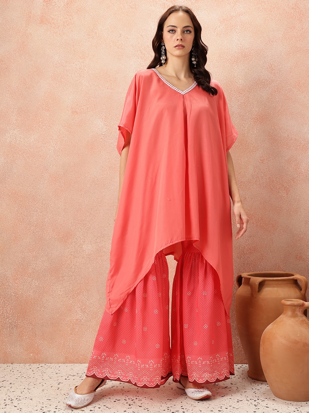 

all about you Mirror Work Kaftan Kurta with Printed Sharara, Pink
