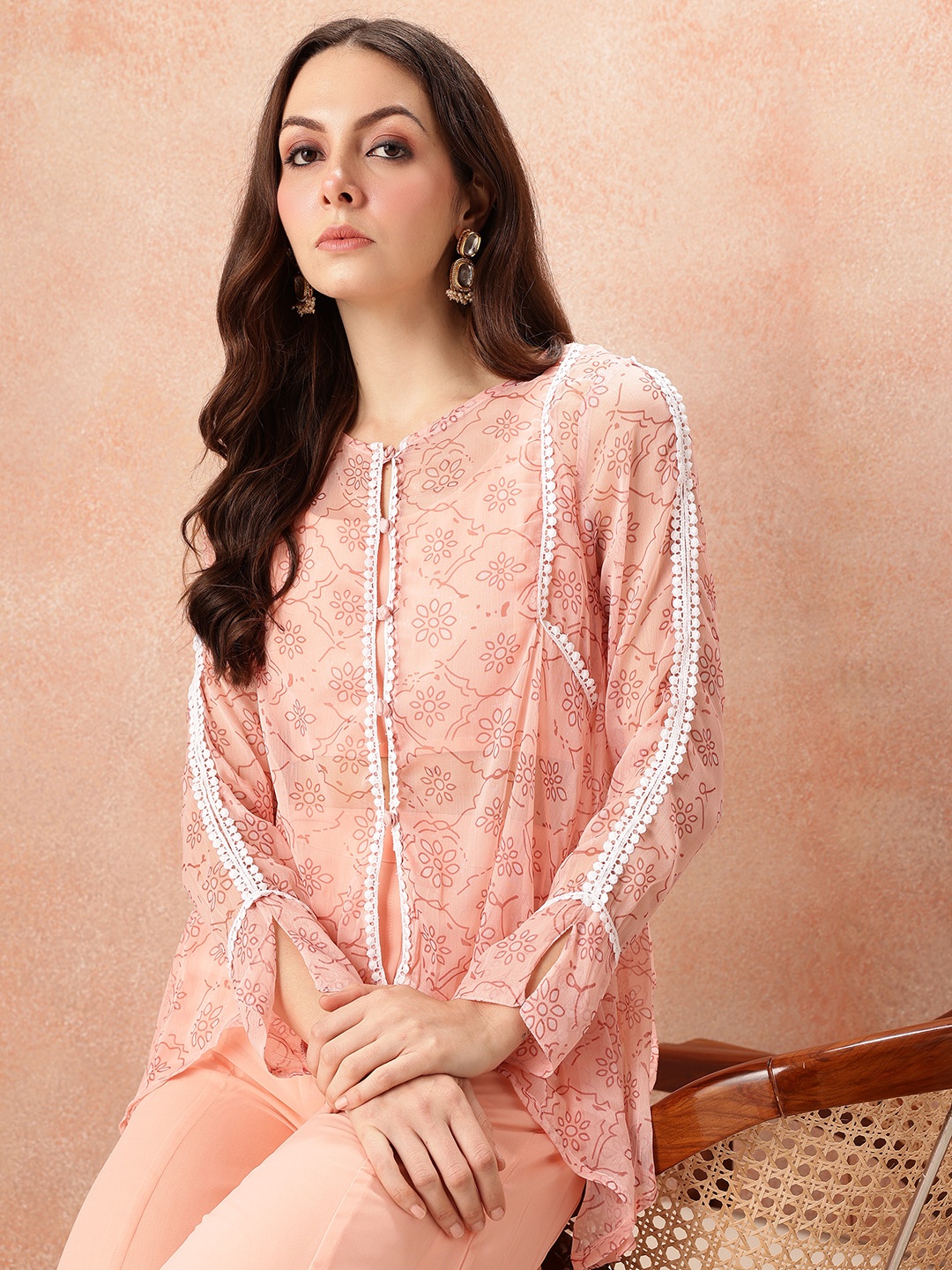 

all about you Printed Lace Detail Ethnic Co-Ords with Shrug, Peach