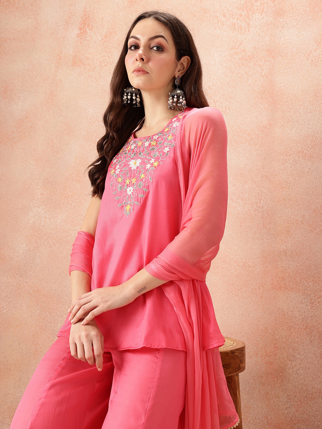 

all about you Floral Embroidered Thread Work Detail Satin Kurti with Palazzos & Dupatta, Pink