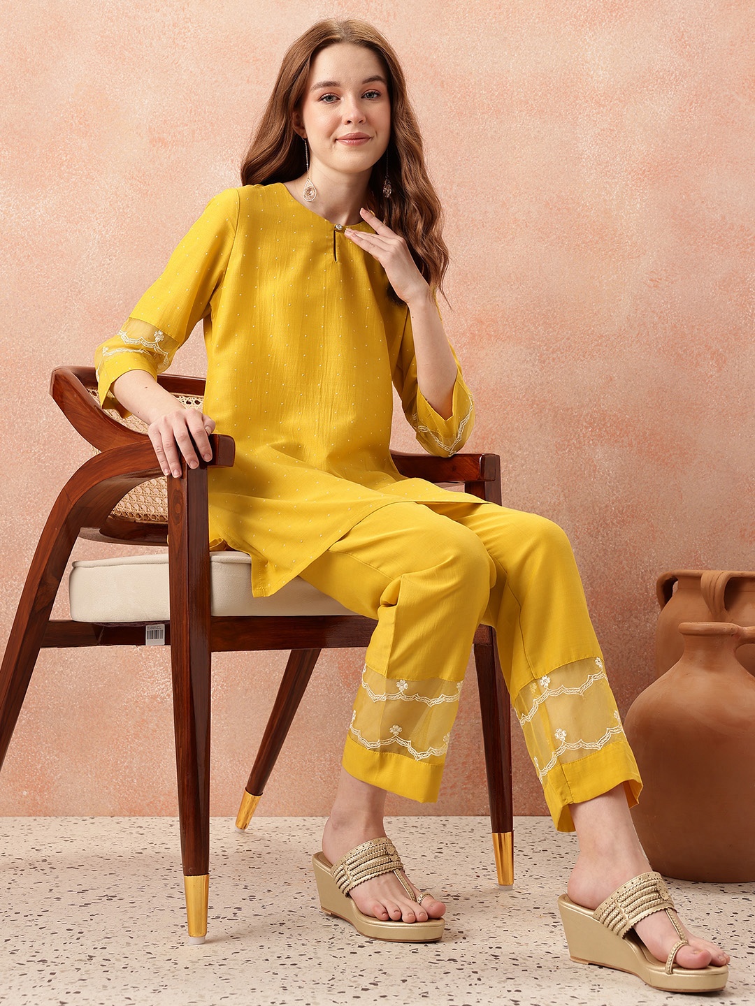 

all about you Printed Thread Work Kurti with Trousers, Mustard