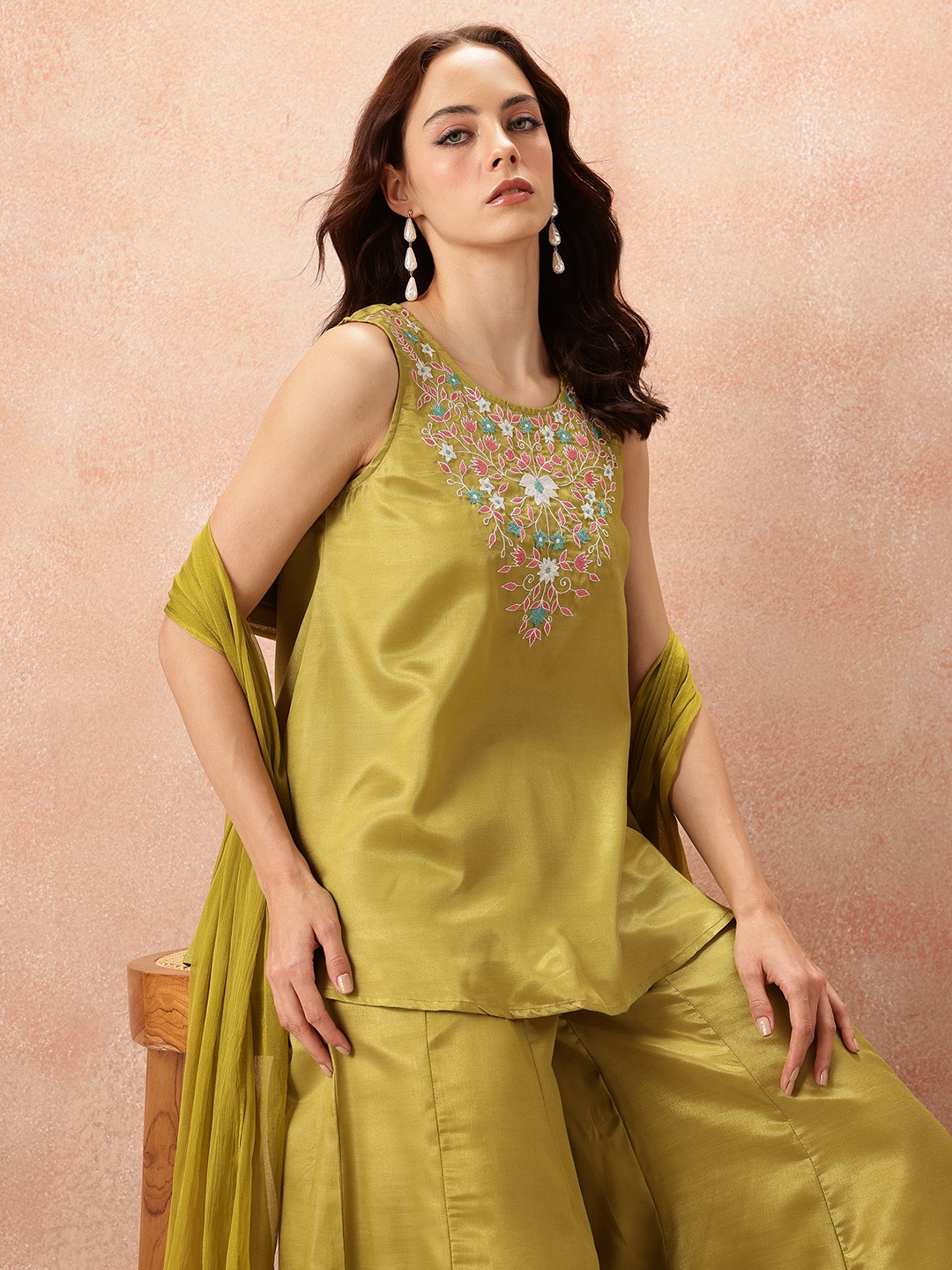 

all about you Floral Embroidered Thread Work Detail Satin Kurti with Palazzos & Dupatta, Green