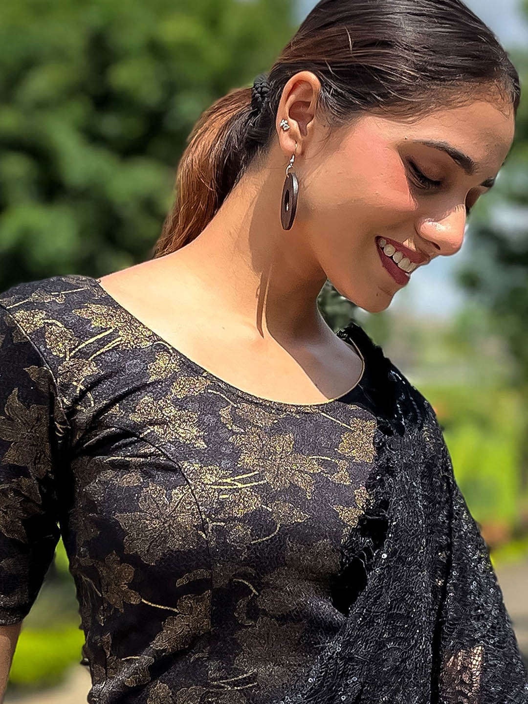 

Bindigasm's Advi Printed Stretchable Saree Blouse, Black