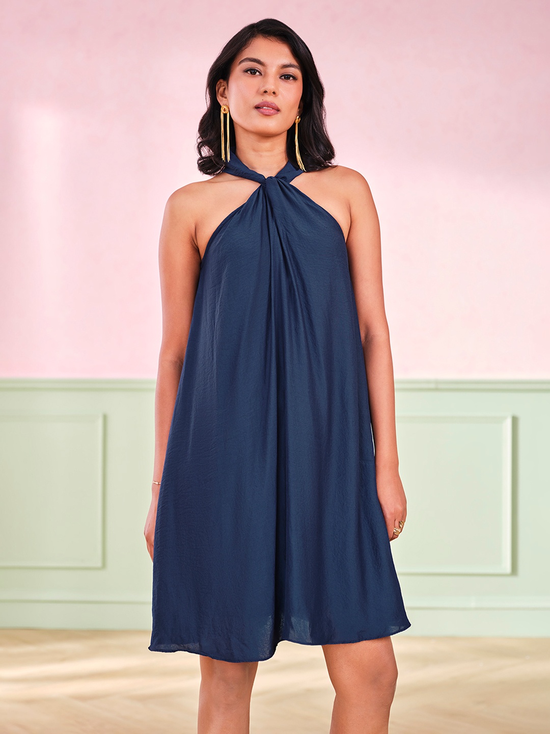 

AND Women Halter Neck Sleeveless A-Line Dress, Navy blue