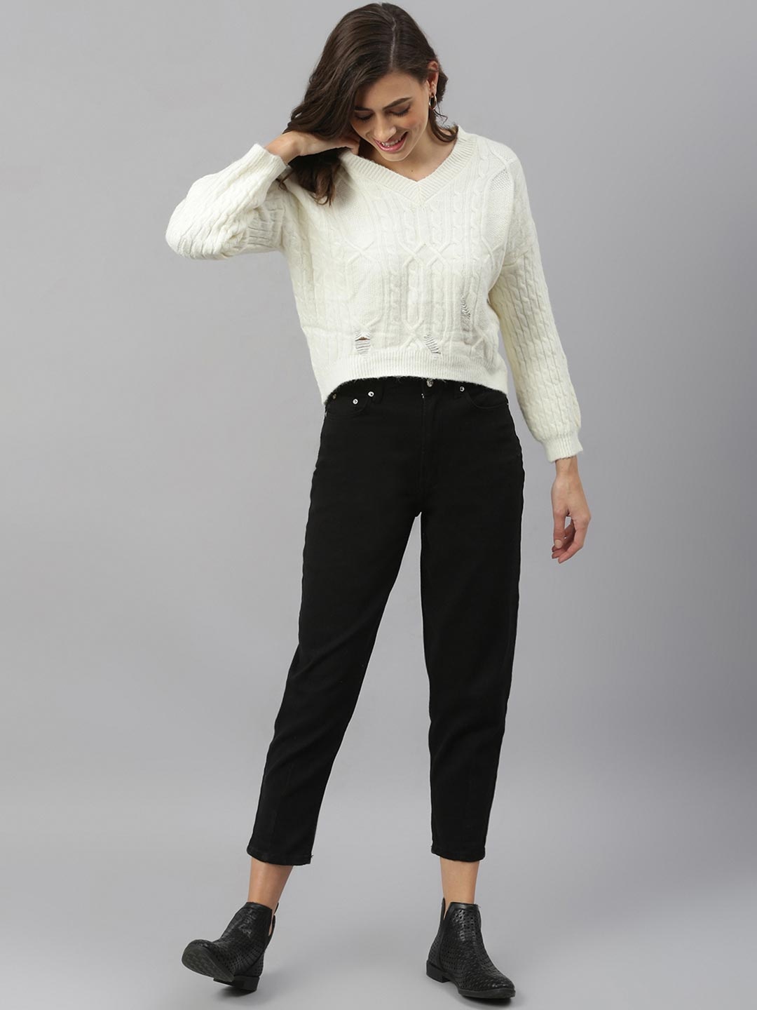 

Xpose Women Cable Knit V-Neck Pullover Ribbed Sweater, White